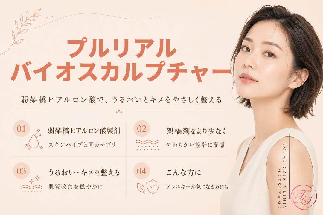 プルリアルバイオスカルプチャーの特徴を紹介する美容医療記事用画像|架橋剤を抑えた弱架橋ヒアルロン酸で、乾燥によるうるおい不足やキメの乱れに配慮しながら肌質改善を目指す製剤を解説|トータルスキンクリニック 松山院