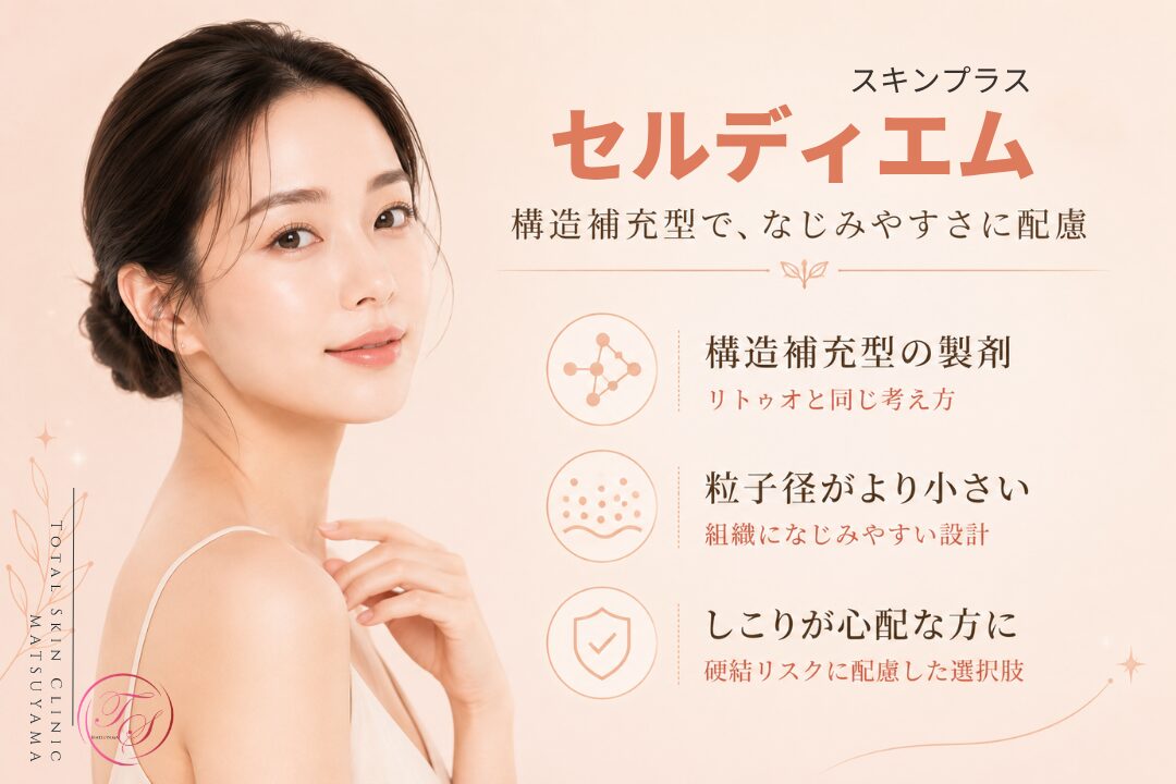 セルディエム(スキンプラス)の特徴を紹介する美容医療記事用画像|構造補充型の考え方をベースに、より小さな粒子径で組織へのなじみやすさと硬結リスクへの配慮を示した製剤を解説|トータルスキンクリニック 松山院