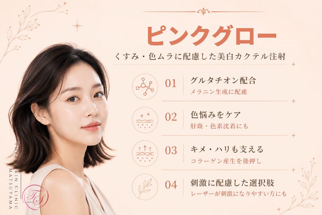 ピンクグローの特徴を紹介する美容医療記事用画像|ヒアルロン酸をベースにグルタチオンやビタミン、アミノ酸などを組み合わせ、くすみ・色ムラ・肝斑・色素沈着やキメ・ハリ不足に配慮した美白カクテル注射を解説|トータルスキンクリニック 松山院