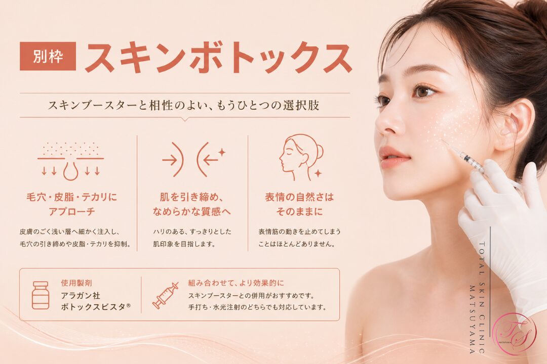スキンボトックスの特徴を紹介する美容医療記事用画像|ボツリヌストキシンを皮膚の浅い層へ細かく注入し、毛穴の目立ちや皮脂・テカリ、肌のゆるみに配慮しながらスキンブースターとの併用について解説|トータルスキンクリニック 松山院