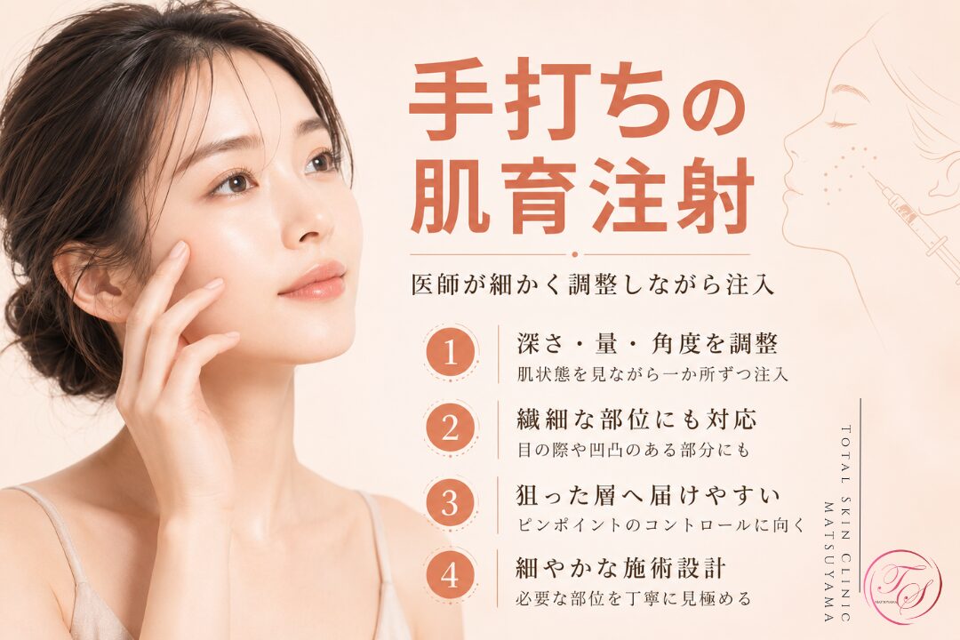 医師による手打ち注射の特徴を紹介する美容医療記事用画像|肌状態を見ながら深さ・量・角度を細かく調整し、目元や細かな凹凸など繊細な部位へ薬剤をピンポイントで届ける施術を解説|トータルスキンクリニック 松山院