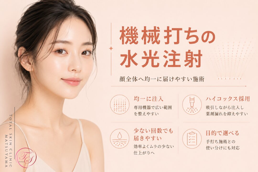 機械打ちの水光注射(ハイコックス)の特徴を紹介する美容医療記事用画像|顔全体へ均一に注入しやすく、広い範囲のキメやうるおい不足を整えたい方に向けた内容を、上品な女性モデルと図解で表現したビジュアル|トータルスキンクリニック 松山院