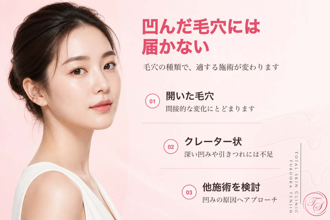 ジェネシスが開いた毛穴へ間接的に働く一方、クレーター状の凹みには別の施術を検討することを紹介する美容医療記事用画像|トータルスキンクリニック福岡天神院