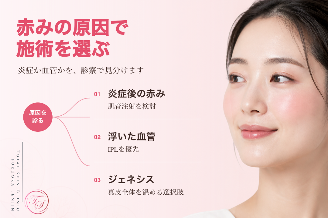 赤みの原因を炎症と血管に分け、肌育注射やIPL、ジェネシスから適した施術を選ぶ考え方を紹介する美容医療記事用画像|トータルスキンクリニック福岡天神院