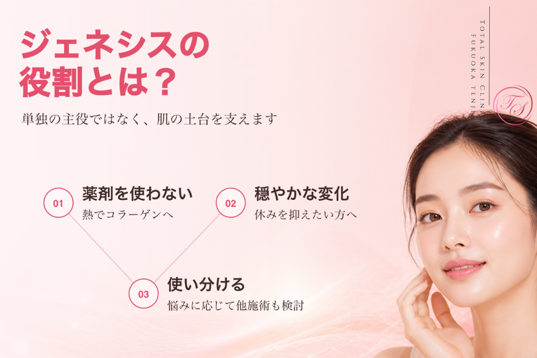 ジェネシスは単独の主役ではなく、薬剤を使わず真皮を温めて肌のハリや質感を支える役割を紹介する美容医療記事用画像|トータルスキンクリニック福岡天神院