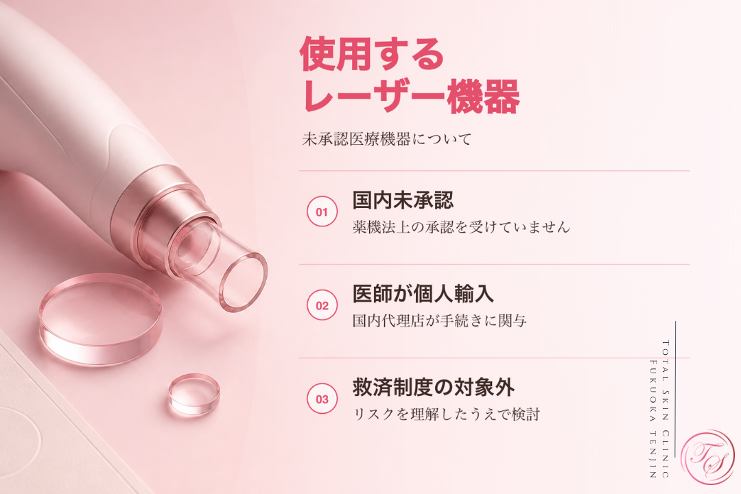 ジェネシスとレーザートーニングに使用する国内未承認レーザー機器の個人輸入と救済制度対象外について紹介する美容医療記事用画像|トータルスキンクリニック福岡天神院