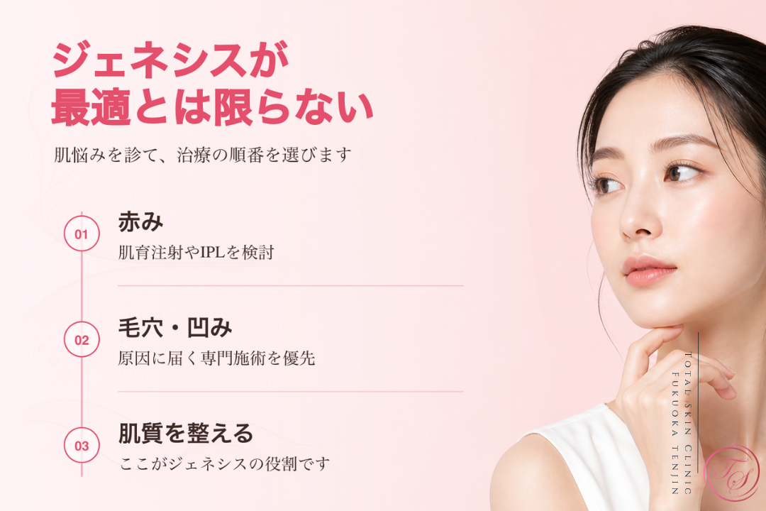 ジェネシスがすべての肌悩みに最適とは限らず、赤みや毛穴、肌質に応じて治療の順番を選ぶ美容医療記事用画像|トータルスキンクリニック福岡天神院