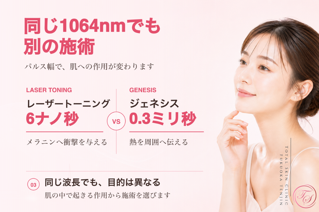 同じ1064nmでもレーザートーニングとジェネシスではパルス幅が異なり、シミやくすみとハリ・肌質への作用が分かれることを紹介する美容医療記事用画像|トータルスキンクリニック福岡天神院