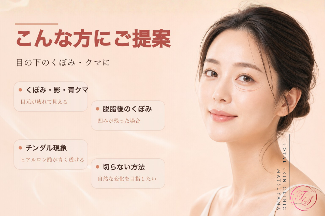ベビーコラーゲン・コラージュを目の下のくぼみや影、青クマ、脱脂後の凹みに提案する美容医療記事用画像|トータルスキンクリニック 松山院