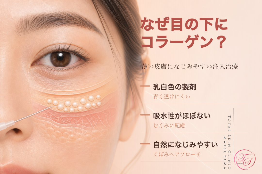 コラーゲン注射が乳白色で吸水性がほとんどなく、薄い目の下の皮膚になじみやすい理由を解説する美容医療記事用画像|トータルスキンクリニック 松山院