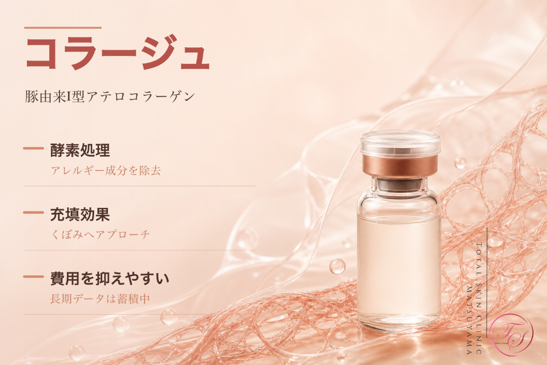 豚由来Ⅰ型アテロコラーゲン製剤コラージュの特徴と、目の下のくぼみへの充填効果や費用面の選択肢を紹介する画像|トータルスキンクリニック 松山院