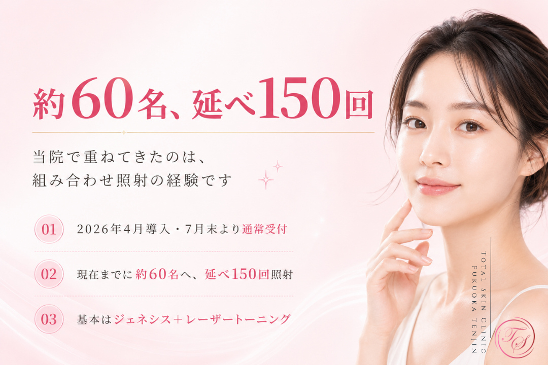 ジェネシス+レーザートーニングの組み合わせ施術について、約60名・延べ150回の照射実績と2026年7月末からの通常受付を紹介する美容医療コンテンツ|トータルスキンクリニック 福岡天神院