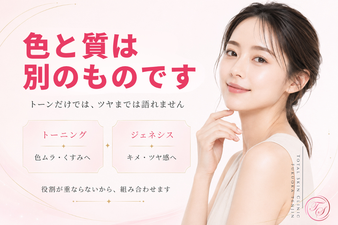 ジェネシス+レーザートーニングの組み合わせを案内する美容医療ビジュアル。日本人女性モデルを添え、レーザートーニングはくすみや色ムラ、ジェネシスはキメやツヤ感など、色と質の異なる肌悩みに対応する施術の考え方を表現。|トータルスキンクリニック 福岡天神院