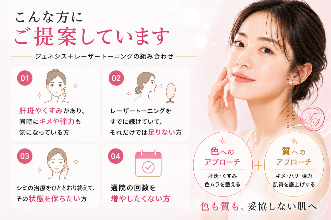ジェネシス+レーザートーニングの組み合わせ施術を、肝斑やくすみに加えてキメや弾力も気になる方、レーザートーニングだけでは物足りない方、シミ治療後の状態を保ちたい方、通院回数を増やしたくない方に提案する美容医療コンテンツ|トータルスキンクリニック 福岡天神院
