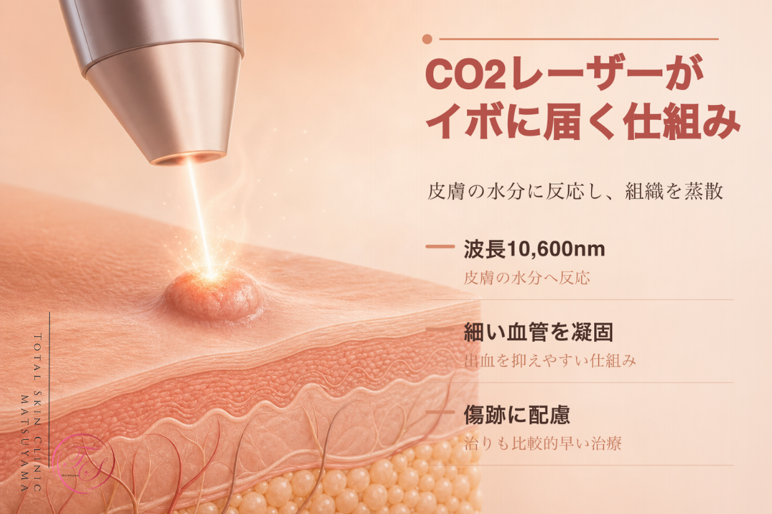 CO2レーザーが皮膚の水分に反応して盛り上がったイボの組織を蒸散させる仕組みを示す美容医療記事用画像|トータルスキンクリニック 松山院