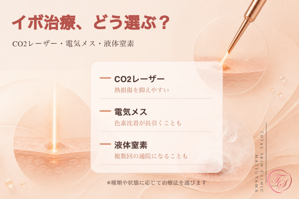 イボ取りに用いるCO2レーザー・電気メス・液体窒素の違いを比較し、傷跡や色素沈着に配慮した治療選びを紹介する画像|トータルスキンクリニック 松山院