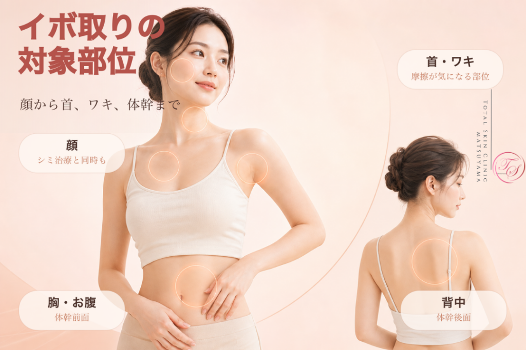 顔・首・ワキ・胸・お腹・背中にできる良性のイボを対象としたCO2レーザー治療の部位を示す美容医療記事用画像|トータルスキンクリニック 松山院