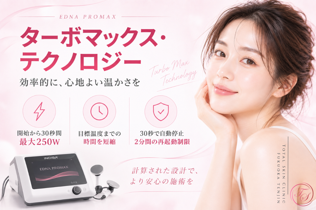 EDNA PROMAXのターボマックス・テクノロジーを紹介。施術開始時のみ最大250Wを30秒間使用し、その後は自動停止して2分間再起動できない出力制御設計を表現｜トータルスキンクリニック福岡天神院