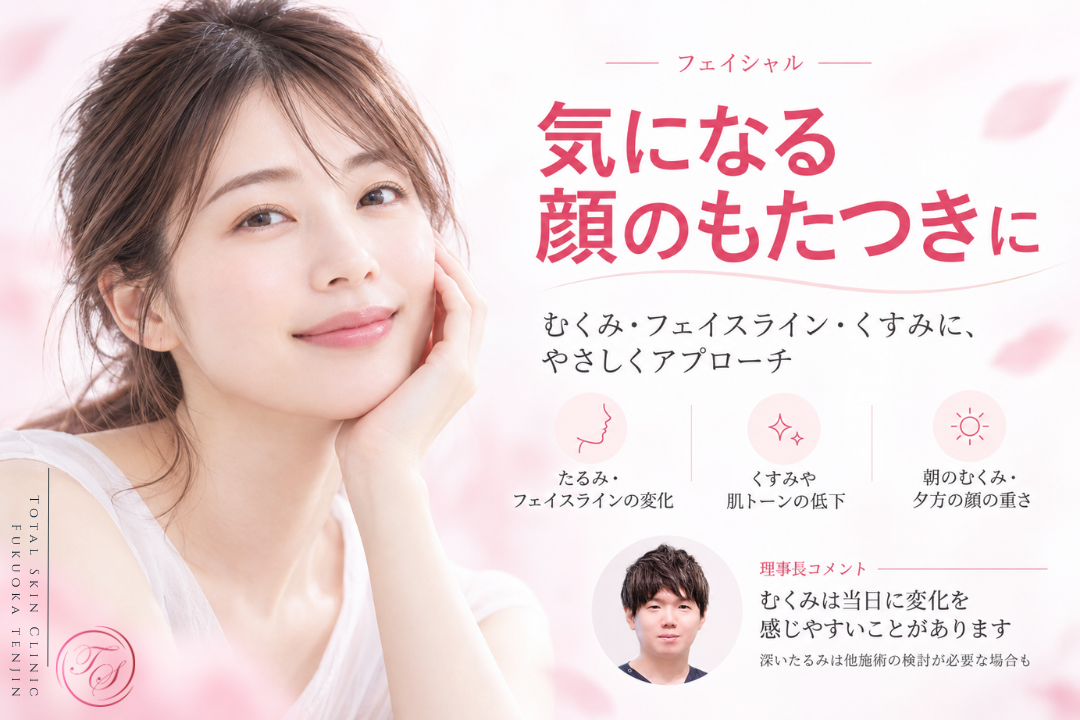 インディバ（INDIBA®）のフェイシャル施術を紹介。フェイスラインのもたつき、むくみ、くすみ、肌トーンの低下が気になる方に向けた温熱ケアを表現｜トータルスキンクリニック福岡天神院
